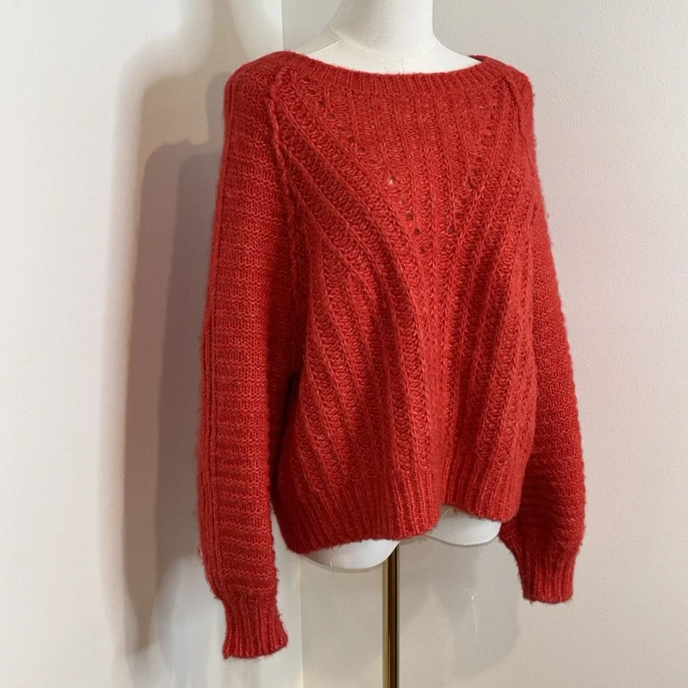 Free People Carter Fuzzy-Knit Pullover Sweater Red Hot OverSized Women's XS
